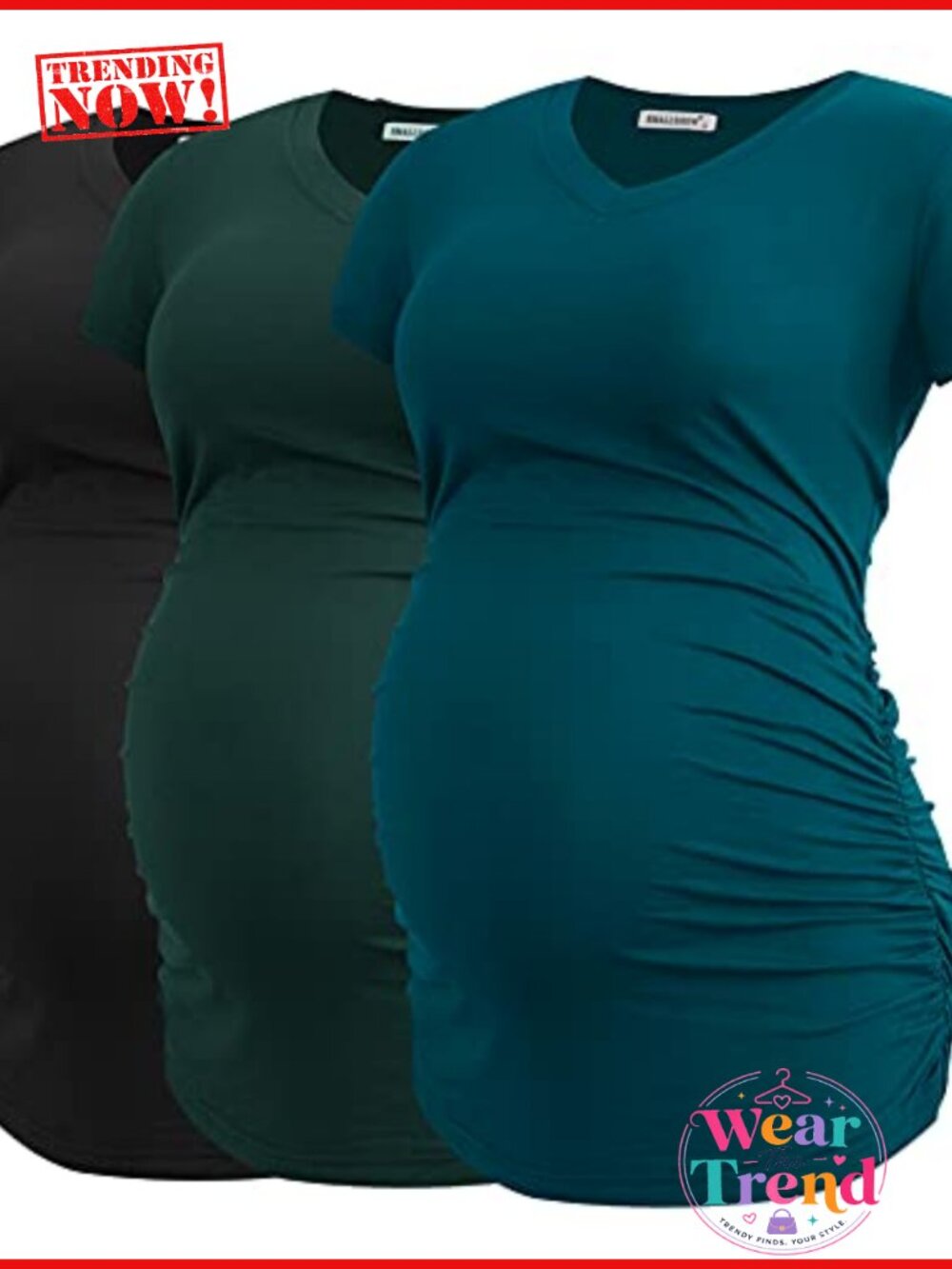 Women's V Neck Maternity Tops Side Ruched Pregnancy T Shirt Short Sleeve